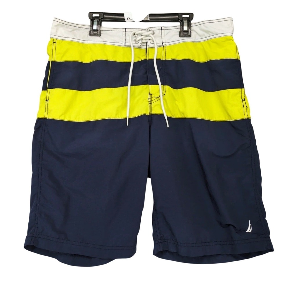 Nautica Blue Yellow Striped Board Shorts Mens 34 Drawstring Pockets Coastal Surf